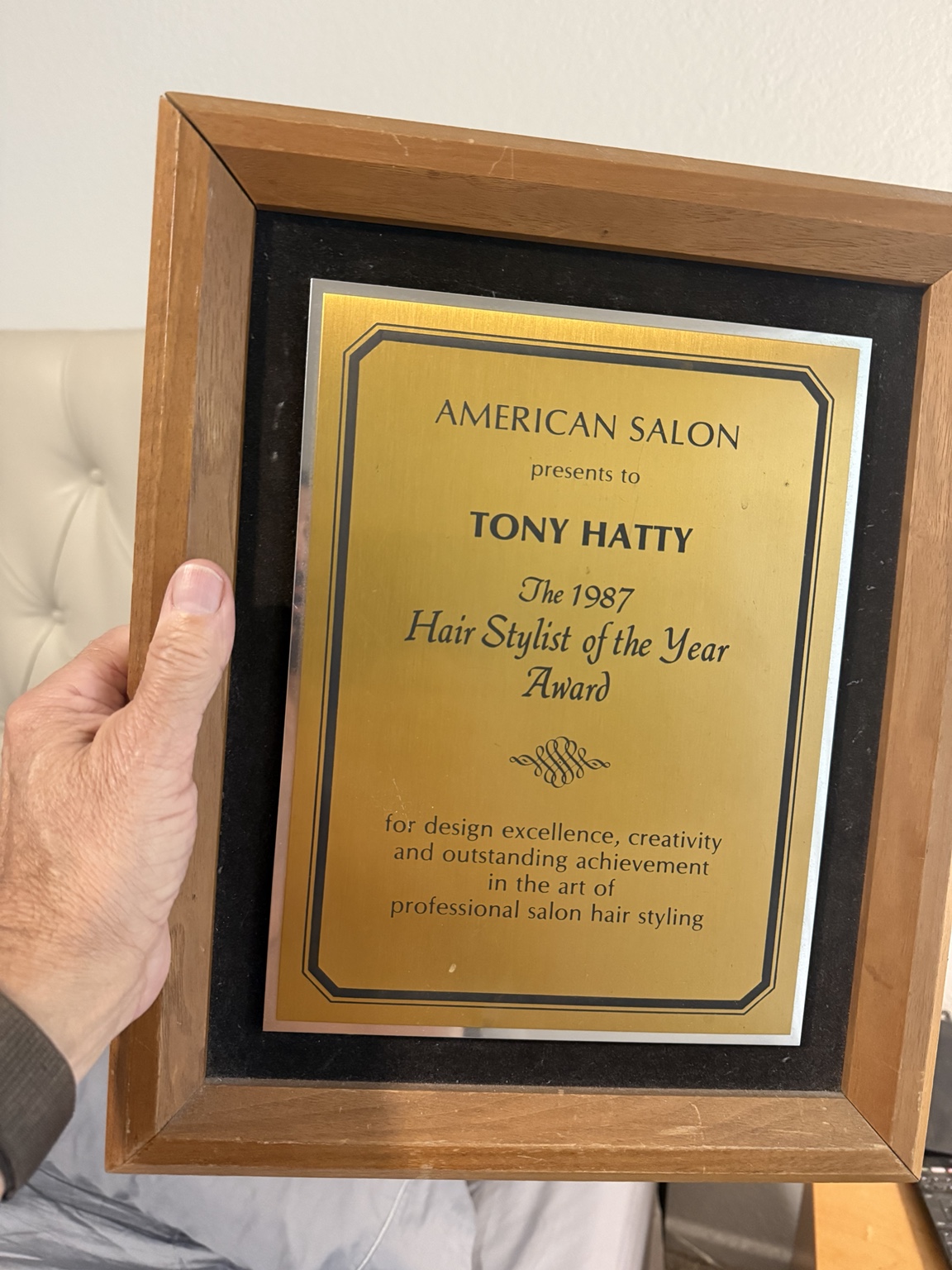 American Salon 1987 Hair Stylist of the Year plaque presented to Tony Hatty